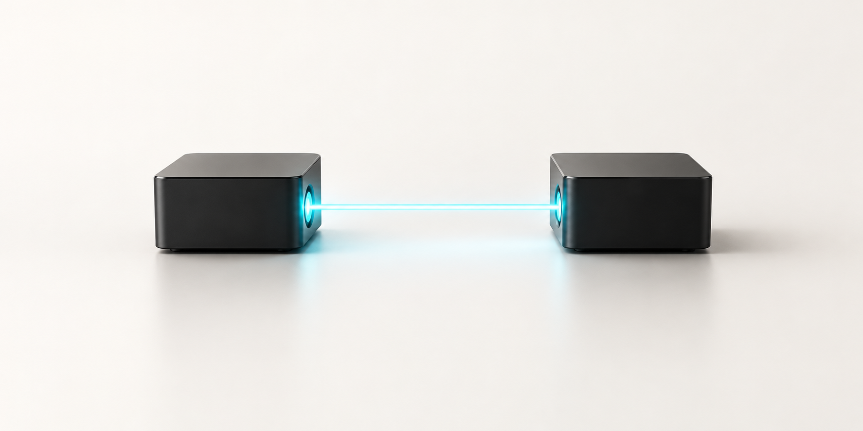 Two computing modules connected by a cyan light beam